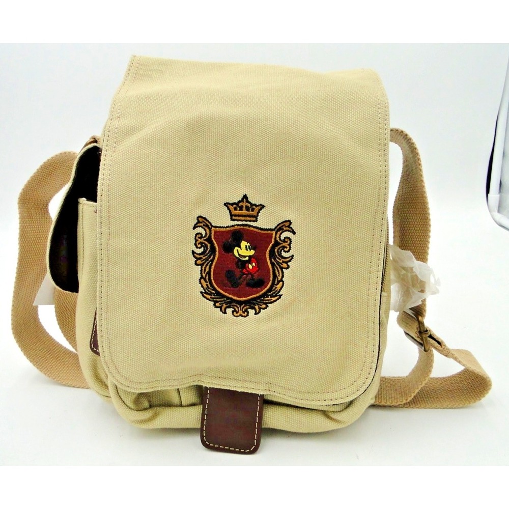 Disney Parks Mickey Mouse‎ Royal Crest Khaki Canvas Crossbody Shoulder Bag NWT
